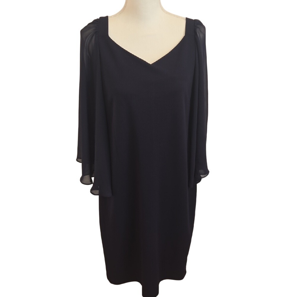 Nina Leonard Navy Blue Sheer Cape Sleeve Sheath Dress Formal Evening Large‎